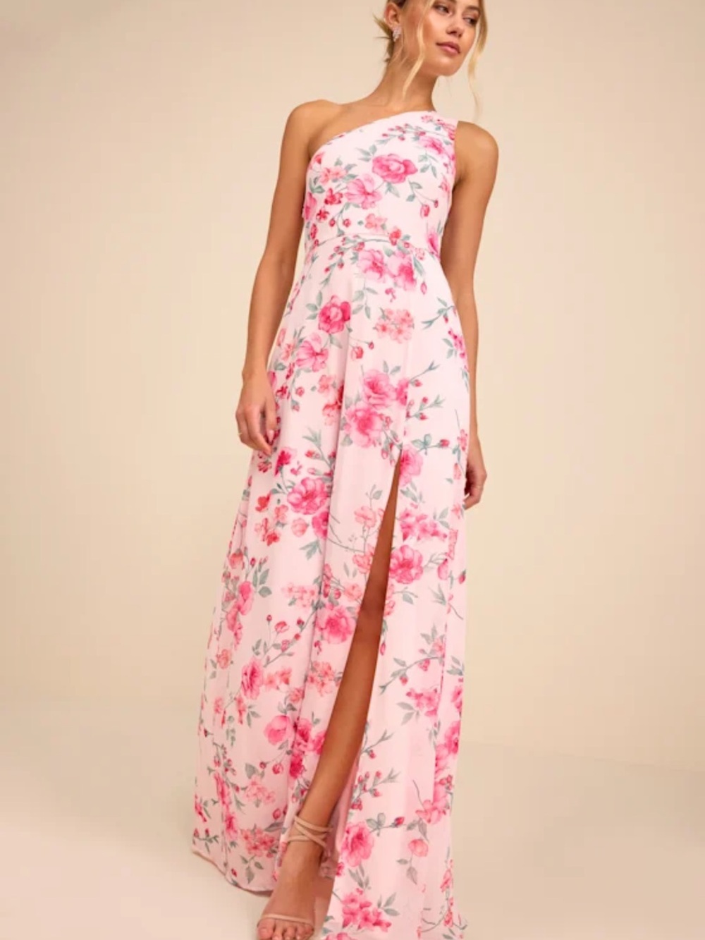 Lulu's One-Shoulder Pink Floral Slit Maxi Dress